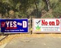 YES and NO on Measure D Calaveras Cannabis Regulation signs near Greenhorn Creek, Angels Camp
