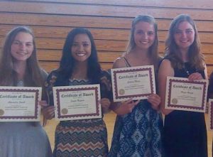 Calaveras High School students, (L to R), Alexandra Smith, Jayda Hufana, Calissa Morse, and Megan Wright hold their certificates after receiving C&TT scholarships