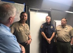 US Congressman Tom McClintock visits with-Mariposa Sheriff Doug Binnewies and other Detwiler Fire cooperating agencies