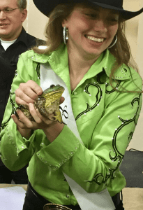 2018 Calaveras County Fair Kick Off Dinner Saddle Queen Candidate Emily Bolton warms up for frog kissing