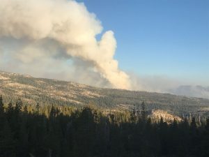 Plume of smoke from the Donnell Fire taken from Cape Horn, which is a scenic overlook on Highway 4 above Lake Alpine