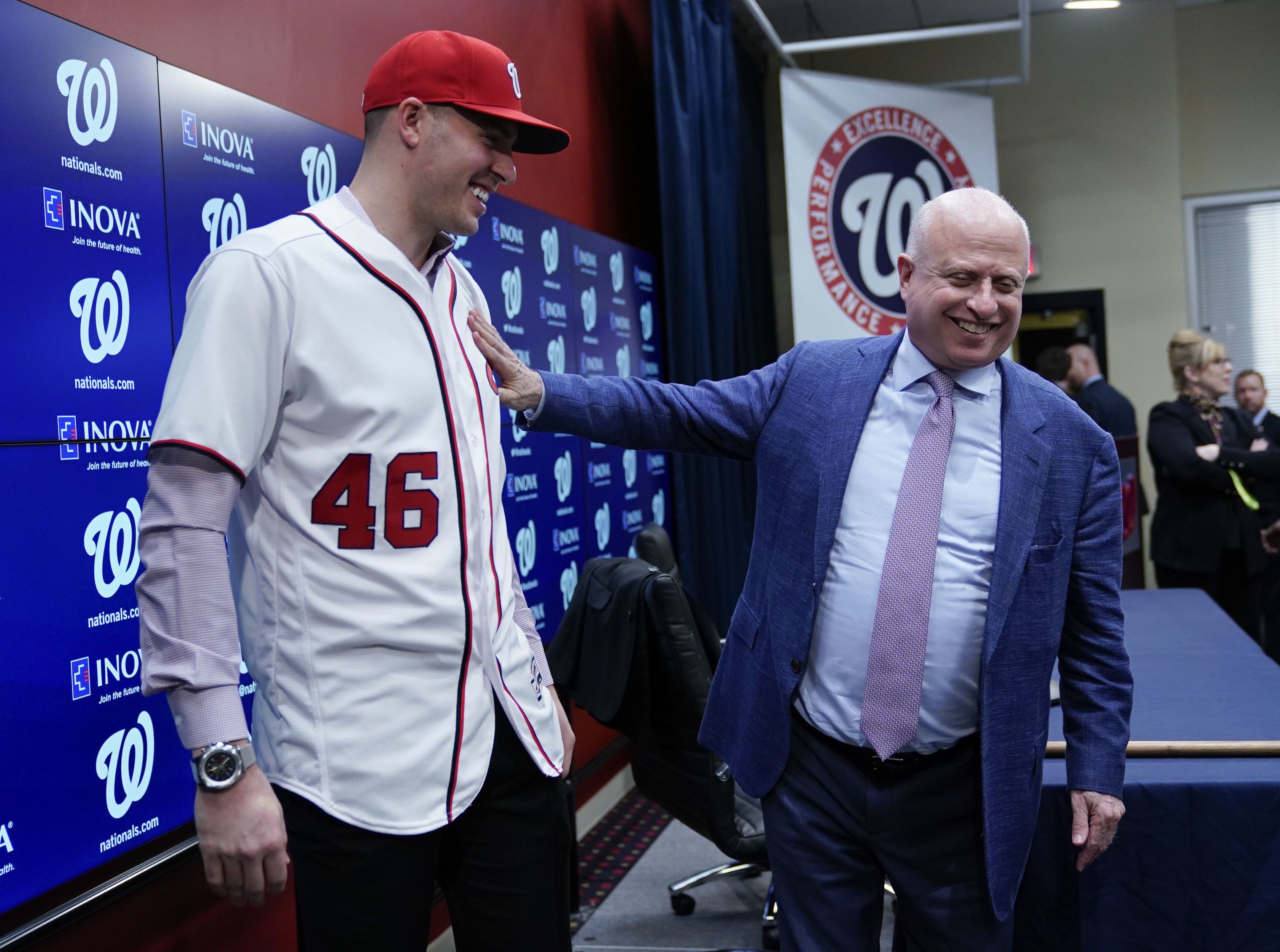 Washington Nationals owner Mark Lerner right greets pitcher Patrick Corbin left during a baseball news conference at Nationals Park in Washington Friday Dec. 7 2018. Corbin agreed to terms on a six-year contract and joins the Nationals after playin