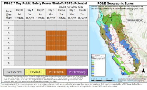 PG&E 7 Day PSPS Potential map 12-4-2020
