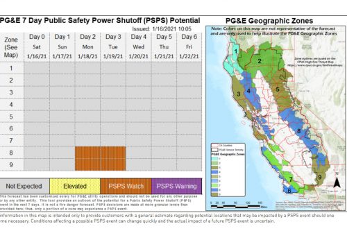 PGE 7 Day PSPS Potential map 1-16-21