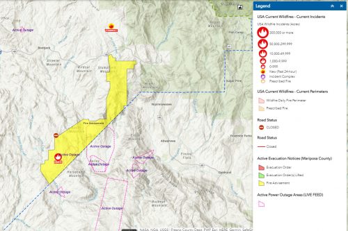 River Fire burning in Mariposa and Madera counties. Yellow shows that all mandatory evacuations lifted in Mariposa now just advisory evacuations in place