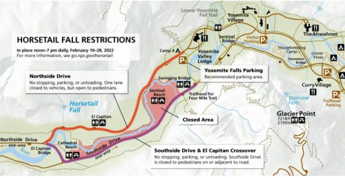 Horsetail Fall Restrictions map provided by Yosemite National Park