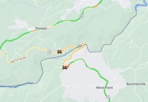 Caltrans map of HWY 26 where a boulder is blocking one lane at the Calaveras and Amador county lines