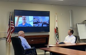 TC Business Council President Tom Crosby (L), Brian Dahle on screen (M), and Supervisor Jaron Brandon (R)