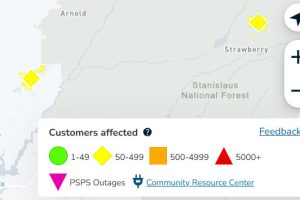PGE power outages in Strawberry area of Tuolumne County and the Murphys area of Calaveras County map