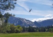 Yosemite National Park Rangers, assisted by a California Highway Patrol helicopter from Fresno, California, depart from Ahwahnee Meadow in Yosemite Valley searching for missing park visitor US Navy Member Alexander Sevier. Park rangers, search dogs, and the helicopter are searching trails in and above Yosemite Valley trying to locate the hiker.